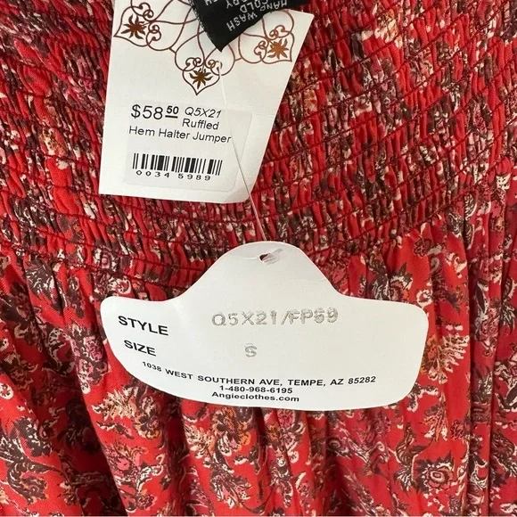 Angie Red Floral Print V-Neck Ruffle Hem Halter Bohemian Jumper Size Small - Picture 8 of 9